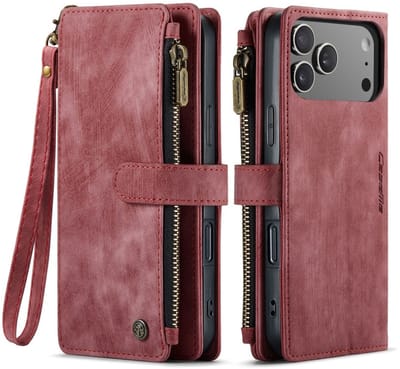 CaseMe C30 Hoesje Geschikt voor Apple iPhone 17 Pro Max | Wallet Zipper Book Case met Pasjeshouder | Beschermhoes met Portemonnee | Rood