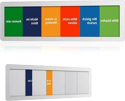 6-in-1 bord met schuiffunctie voor kantoor, inclusief statusopties zoals 'Niet storen' en 'In vergadering', ideaal voor vergaderruimtes en thuiskantoren