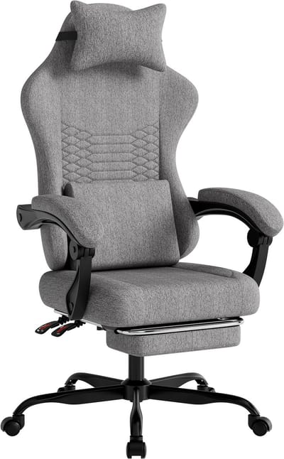 Gaming stoel-Ergonomische bureaustoel-Massage en lendensteun-Uitschuifbare voetensteun-136 kg-Thuiswerken en gamen-58,5x63x120,5 cm-Lichtgrijs
