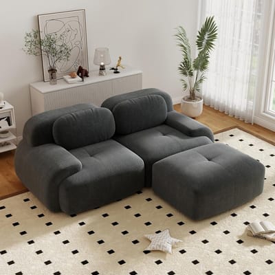 Moderne Hoekbank, L-Bank, 2-Zitsbank, Moderne 208 cm Brede, Converteerbare Hoekbank met Voetenbank, L-vormige Modulaire Corduroy Bank, Compacte Bank voor 2-4 Personen voor de Woonkamer, Extra Diepe Zitting, Geen Montage Nodig-Grijs