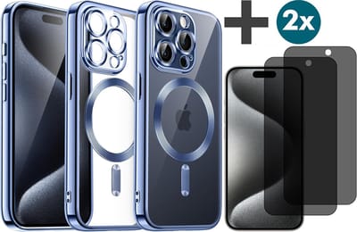 Hoesje met Privacy Screenprotectors 2 Stuks Geschikt voor iphone 15 Pro Max Hoesje - Geschikt voor MagSafe - Arara siliconen Backcover - Blauw