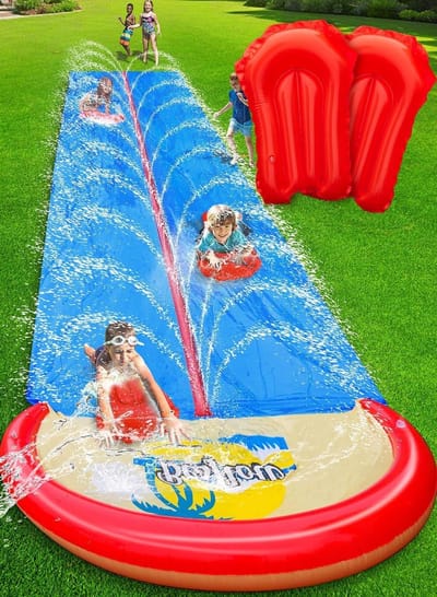 Waterglijbaan voor kinderen - Zomer glijbaan - Tuinpret beleven - Dubbele racebanen - 22FT - Rood en blauw