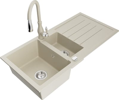 Mexen Andres granieten spoelbak 1,5-baks met afdruiprek en keukenkraan Savita, beige - 6515-69-672601-69