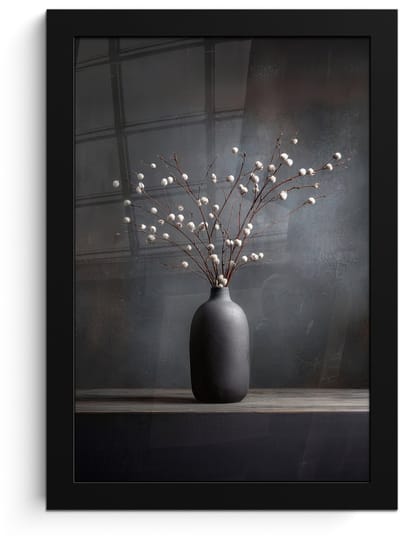 Poster in lijst - Fotolijst 20x30 cm - Posters - Takken - Vaas - Bolletjes - Wit - Posterlijst zwart - Decoratie - Wanddecoratie woonkamer - Muurdecoratie slaapkamer