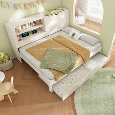 Slaapbank 140x190 cm - met uitschuifbaar bed - open vakken - opbergruimte - USB/USB-C oplaadstation - wit - zonder matras