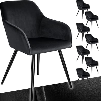 tectake® Eetkamerstoel Marilyn - Set van 8 - Met Armleuningen - Elegante Stoel met Gevoerde Zitting in Fluweellook - Gestoffeerd - Zwarte metalen poten - Ergonomische Keukenstoel - Stoel voor Woonkamer, Eetkamer en Slaapkamer - Zwart