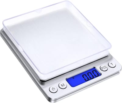 Elektronische weegschaal 500 g / 0,01 g, keukenweegschaal, precisieweegschaal, sieradenweegschaal, zeer nauwkeurige elektronische weegschaal, LCD-display, tarrafunctie en stuktel-functie (nieuw model in zilverkleur)