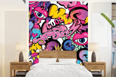 Behang - Fotobehang Design - Superstar - Cool - Patronen - Lippen - Kids - Breedte 165 cm x hoogte 220 cm