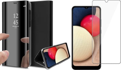 Hoesje geschikt voor Samsung A02s en Screenprotector - Spiegel Book Case Cover Hoes Zwart + Screen Protector Glas