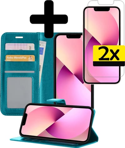 Hoesje - Met 2x Screenprotector - Geschikt voor Apple iPhone 13 Mini - Luxe Pasjeshouder - Bookcase Portemonee - Flip Case - Kunstleer Book Case - Flipcase Hoes - Book Cover - Walletcase - Portemonneehoes - Telefoonhoesjes - Turquoise
