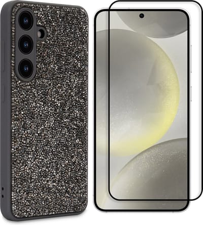 Casemania Hoesje & Volledig Dekkend Glas Geschikt voor Samsung Galaxy S25 - Zilver - Diamant Glitter Back Cover & Glazen Screenprotector