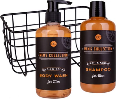 Accentra -Cadeauset HERENCOLLECTIE in draadmand, incl. 300ml body wash in pompdispenser, 300ml shampoo, geur: berk & ceder