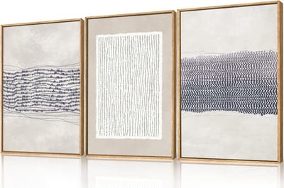 Abstracte muurkunst set - Neutrale kunstprints - Woonkamer decoreren - Ingelijst canvas - 3x 16x24 inch - Blauw en neutraal
