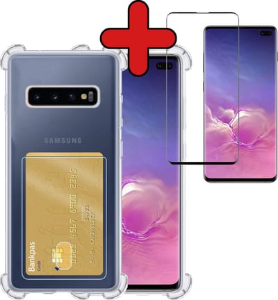 Hoesje - Geschikt voor Samsung Galaxy S10 - Met Screenprotector - Pashouder - Kaarthouder - Back Cover - Telefoon Hoes Shockproof - Siliconen Case - Shock Proof - Pasjes Houder - Telefoonhoes - Transparant