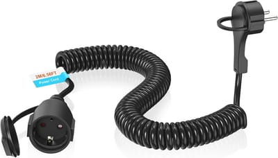 Spiraalverlengkabel 2 m, Uittrekbare Kabel met Geaarde Contact, Zwarte Kabel met Veiligheidsontwerp, IP20