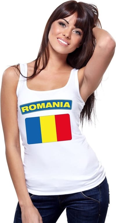 Roemenie singlet shirt/ tanktop met Roemeense vlag wit dames S
