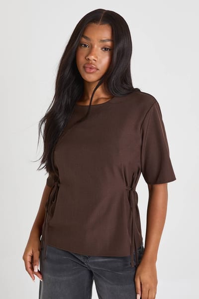 boohoo Dames Geweven Marl Top met strikdetail en gesnoerde taille | Chocoladebruin | Maat: 34