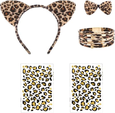 Leopard Kostuum Set met 5 Stukken, Haarbanden, Armband, Strikjes en Decoratieve Stickers voor Feest en Cosplay