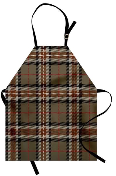 ABAKUHAUS Geruit kookschort, Schots-achtig tartan-geometrisch gestreept patroon, culturele motieven, kleurvast, in hoogte verstelbaar, wasbaar, duidelijke digitale afdruk, zwart, bruin, rood