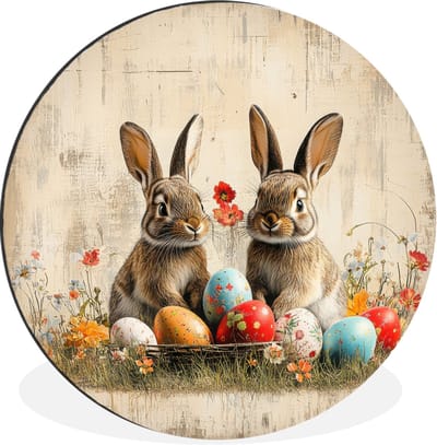 WallCircle - Wandcirkel - Muurcirkel - Konijnen - Bloemen - Eieren - Aluminium - Dibond - 30x30 cm - Binnen en Buiten