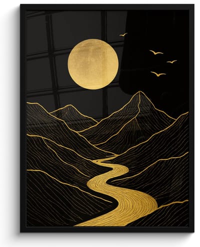 Poster in lijst - Fotolijst 50x70 cm - Posters - Rivier - Goud - Maan - Vogels - Posterlijst zwart - Decoratie - Wanddecoratie woonkamer - Muurdecoratie slaapkamer