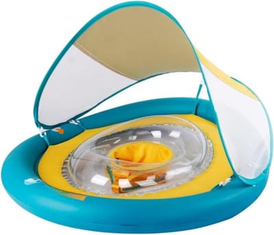 Unieke babyzwemstoel met afneembaar zonnedak, zwemring voor baby's, zwemhulp met zonnebescherming, zwemband voor peuters