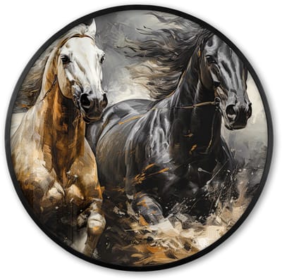 Poster in lijst Rond - Fotolijst 60x60 cm - Posters - Paarden - Zwart - Wit - Dieren - Ronde posterlijst zwart - Decoratie - Wanddecoratie woonkamer - Muurdecoratie slaapkamer