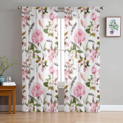 Bloemen Roze Tule Transparante Raamgordijnen Voor Woonkamer De Slaapkamer Moderne Chiffon Voile Organza Gordijnen Decor Draperieën 135W x 114H(cm) white