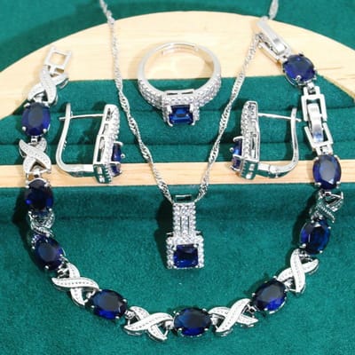 Accessoires Europa en De Verenigde Staten Hot Anti-Allergie Zirkoon Armband Ketting Oorbellen Dames Sieradenset blue