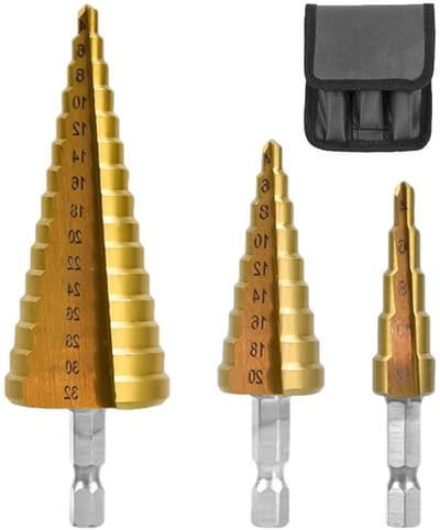 Allecta - Driehoekige metalen stappenboor set met nylon tas - Trapboor, kopkegelsnijder, brandhoutboor - Draagbare snijboorgereedschapsset - Goudkleurig