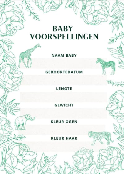Babyshower invulkaarten - voorspellingskaarten - planten - dieren - 25 stuks