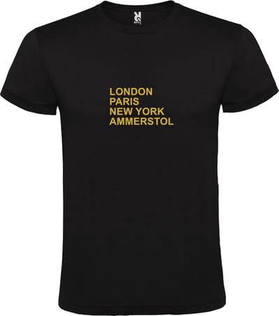 Zwart T-Shirt met “ LONDON, PARIS, NEW YORK, AMMERSTOL “ Afbeelding Goud Size XS