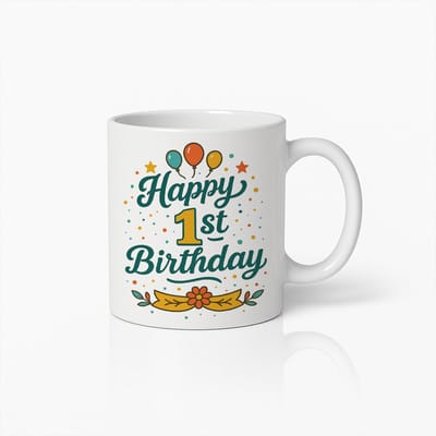 Happy 1st Birthday Mok – Schattige Ballon en Bloemen Koffiebeker – Perfect Cadeau voor het Eerste Verjaardagsfeestje van Baby