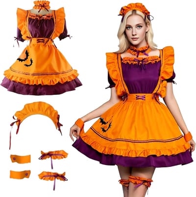 Halloween Maid Kostuum voor Vrouwen - Oranje en Paars Anime Cosplay Jurk met Hoofdband voor Feestjes, Carnaval en Halloween