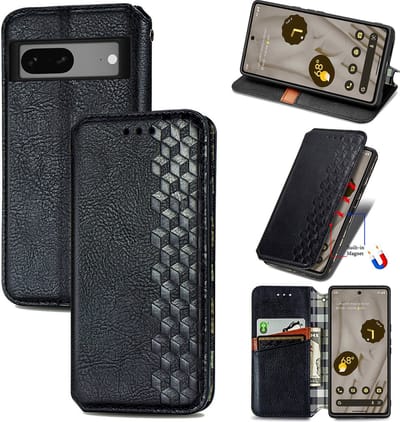 Luxe PU Lederen Ruitpatroon Wallet Case + Glas Screenprotector voor Pixel 7A _ Zwart