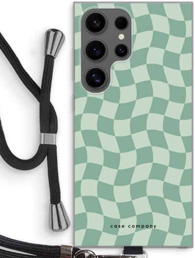 Case Company® - Hoesje met koord geschikt voor Samsung Galaxy S24 Ultra hoesje met Koord - Grid Groen - Telefoonhoesje met Zwart Koord - Bescherming aan alle Kanten en Over de Schermrand