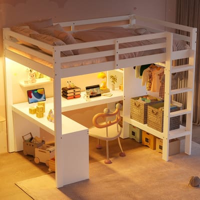 Hoogslaper Met Bureau, Hoogslaper 140x200 Met Multifunctionele Planken, Hoogslaper Met Opbergruimte, Bureau Onder Het Bed, Ledverlichting En USB-Aansluiting, Tienerhoogslaper - Kinderhoogslaper-Wit