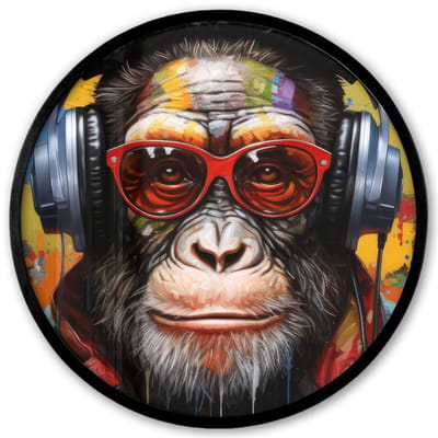 Poster in lijst Rond - Fotolijst 40x40 cm - Posters - Chimpansee - Aap - dieren - Graffiti - Bril - Koptelefoon - Kleuren - Ronde posterlijst zwart - Decoratie - Wanddecoratie woonkamer - Muurdecoratie slaapkamer