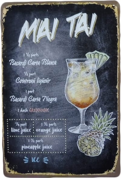 Wandbord – Mai tai cocktail - Metalen wandbord - Wandborden mancave - Mancave decoratie - Retro - Bar decoratie - Metal sign - Tekstborden - Bar decoratie - Bar - 20 x 30 cm