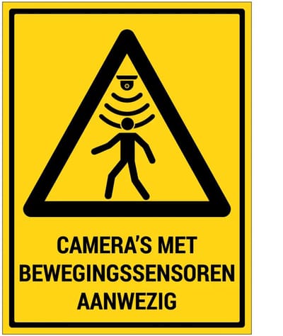 Camera’s met bewegingssensoren aanwezig bord met tekst | gecoat dibond materiaal | 20 x 15 cm