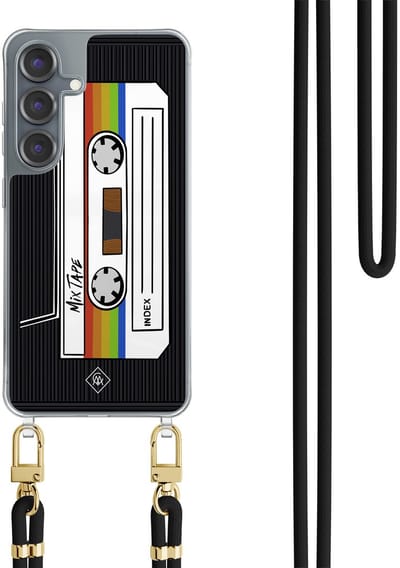 Casimoda® hoesje met koord - Geschikt voor Samsung S25 - Cassette Mixtape - Afneembaar koord - TPU/polycarbonaat - Zwart