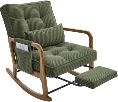 Schommelstoel - Leesstoel - Babystoel - Relaxstoel - Voetensteun - Verstelbaar - Lendenkussen - Zijvakken - Woonkamer - 70x80x92cm - 150kg - Groen