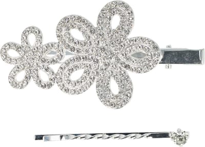 Haarsoires Haarspeld Duckklem & Schuifspeldje 7cm – Bloemenvorm met Glitter Steentjes – Zilver – Set van 2 - Sterke Haarclip voor Styling & Dagelijks Gebruik - Hair Clip - Decoratieve Haaraccessoire