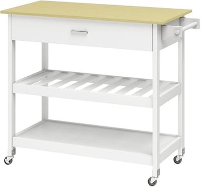 Pugsdrly Keukentrolley met opbergruimte, verrijdbaar keukeneiland met groot werkblad, lade, 2 open schappen, handdoekhouder, wit