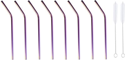 8x RVS rietjes paars met 2 borsteltjes 20 cm - Duurzame, milieuvriendelijke drinkrietjes/rietjes van RVS