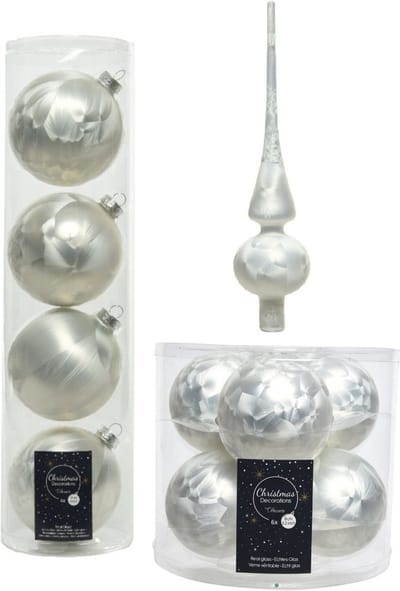 Glazen kerstballen pakket wit ijslak 10x stuks inclusief piek - 6x 8 cm en 4x 10 cm