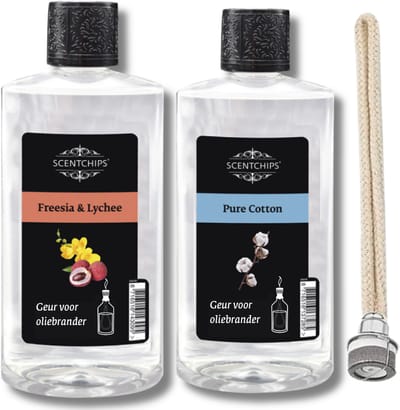 Scentchips Freesia lychee + Pure cotton + Cotton - Geurolie Voor Oliebrander Set van 2 - Inclusief Geurlont - Parfum Olie - Geurolie Voor Lampenolie - Geurlamp Olie - 475ml x 2