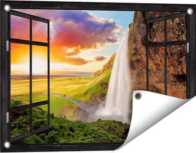 Gards Tuinposter Doorkijk Waterval in IJsland met Zonsondergang - 60x40 cm - Tuindoek - Tuindecoratie - Wanddecoratie buiten - Tuinschilderij