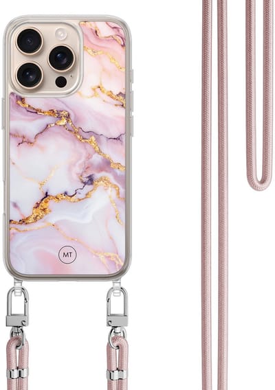Hoesje met koord geschikt voor iPhone 16 Pro Max - Marble pink - Inclusief zwart koord - Crossbody beschermhoes - Transparant, Multi - Mooie Telefoonhoesjes