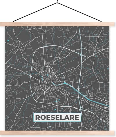 Posterhanger incl. Poster 40x40 cm - Schoolplaat - Kaart – Plattegrond – Stadskaart – Roeselare – België - Grijs - Textielposter - Blanke latten - Stadskaart